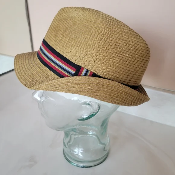 🌺3 for $10 Vintage Stone Straw Fedora with Striped Grosgrain Ribbon - Picture 3 of 10